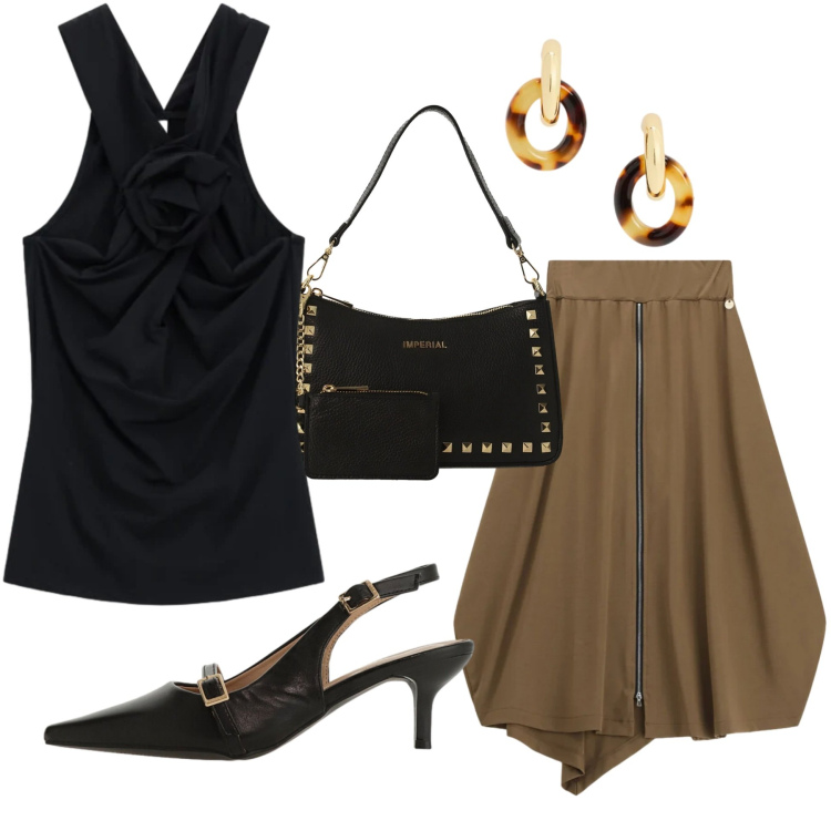Outfit donna - Gonna asimmetrica. Stile Trendy per Serata fuori. Abbinamento con gonne longuette, canottiere, borse a spalla, sandali col tacco, orecchini.