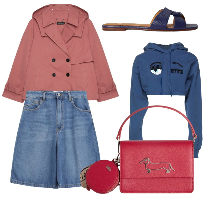 Outfit donna - Shopping in città. Stile Casual chic per Tutti i giorni. Abbinamento con felpe con cappuccio, trench, bermuda, borse a tracolla, sandali in pelle.