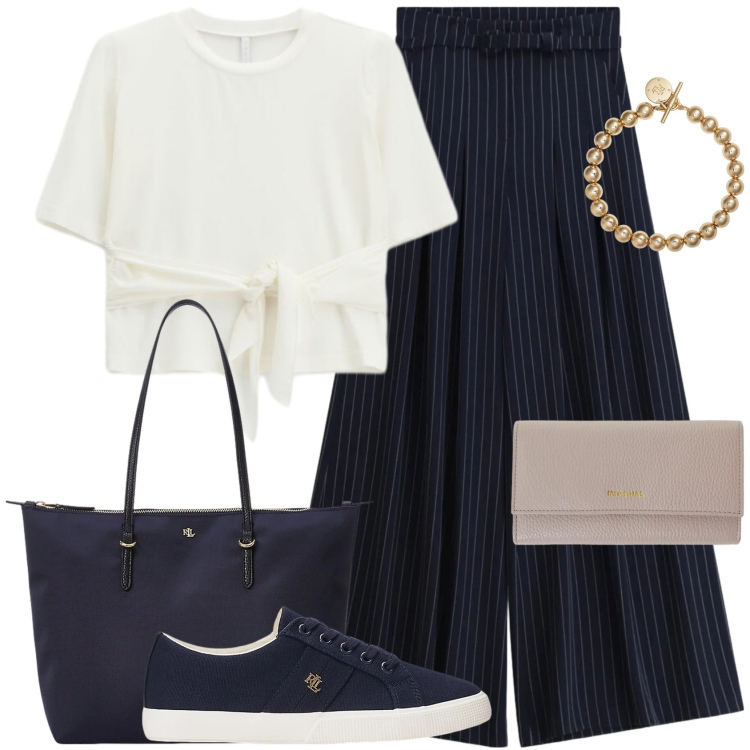 Outfit donna - Urban Chic. Stile Urban per Tutti i giorni. Abbinamento con pantaloni a palazzo, t-shirt, portafogli, sneakers, borse tote, braccialetti.