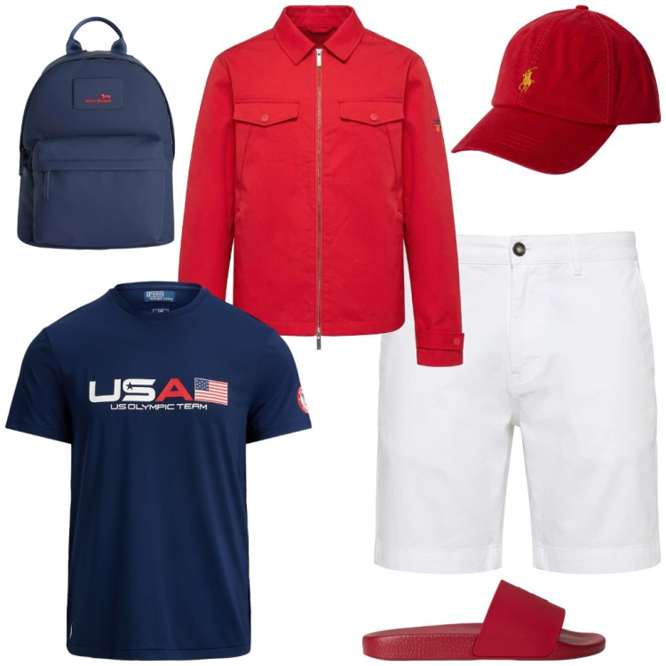 Outfit uomo - #team.USA. Stile Urban per Tutti i giorni. Abbinamento con borse sportive, cappotti, bermuda, t-shirt, cappelli con visiera, sandali.