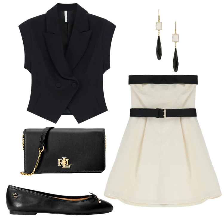 Outfit donna - Très chic. Stile Chic per Cerimonia. Abbinamento con vestiti corti, gilet, ballerine, borse a mano, orecchini.