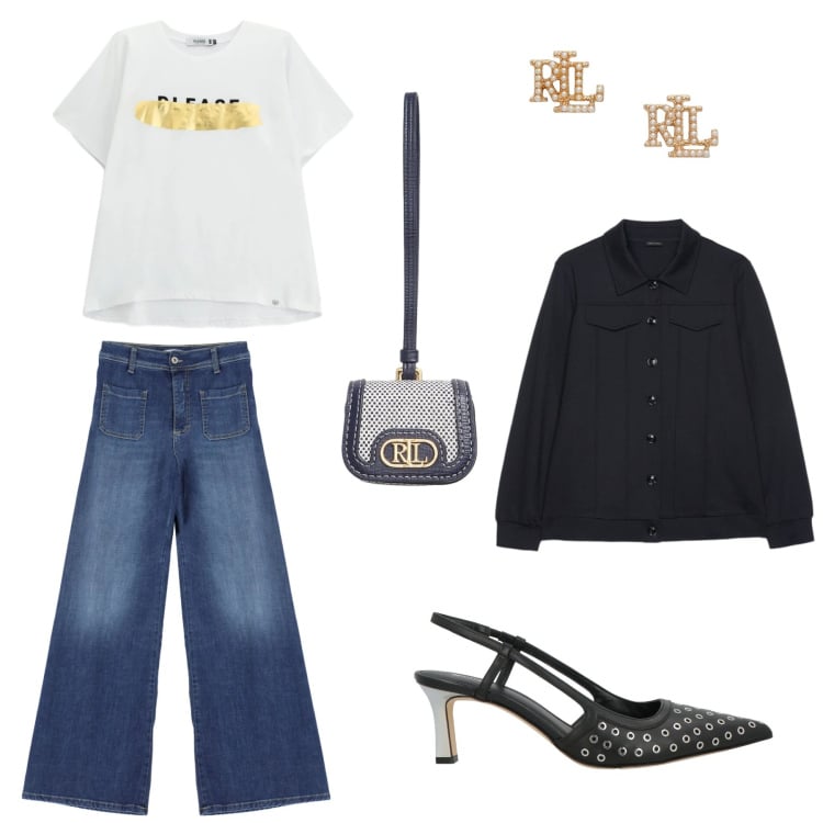 Outfit donna - Serate di primavera. Stile Casual chic per Serata fuori. Abbinamento con décolleté, jeans, t-shirt, blazer, pochette, orecchini.