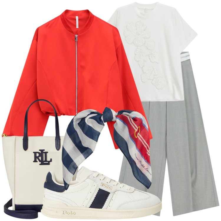 Outfit donna - Pranzo con le amiche. Stile Casual chic per Tutti i giorni. Abbinamento con pantaloni a palazzo, t-shirt, bomber, sneakers, borse tote, foulard.