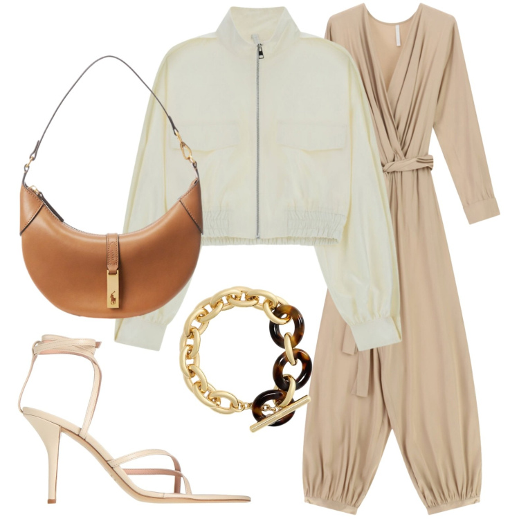 Outfit donna - Jumpsuit beige. Stile Glamour per Serata fuori. Abbinamento con infradito, tute, bomber, braccialetti, borse a spalla.