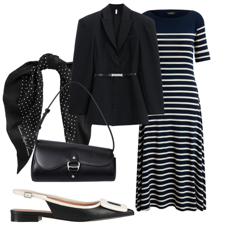 Outfit donna - Bianco e nero. Stile Bon Ton per Ufficio. Abbinamento con ballerine, blazer, foulard, borse a spalla, vestiti.