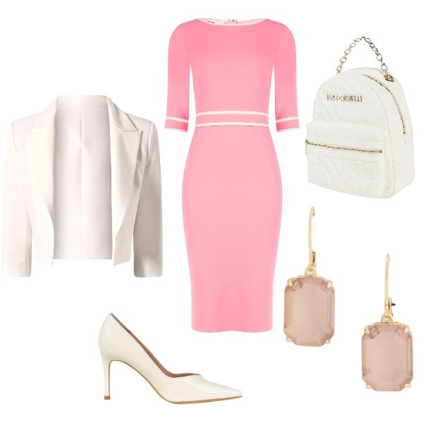 Outfit donna - Total look #2381837. Stile Chic per Ufficio. Abbinamento con zaini, vestiti a tubino, décolleté, blazer, orecchini.