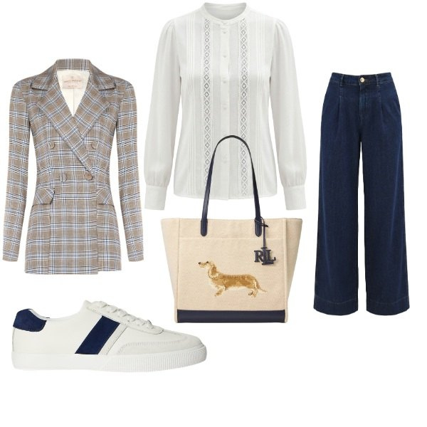 Outfit donna - Total look #2381840. Stile Casual chic per Ufficio. Abbinamento con blazer, jeans dritti, camicie, sneakers, borse tote.