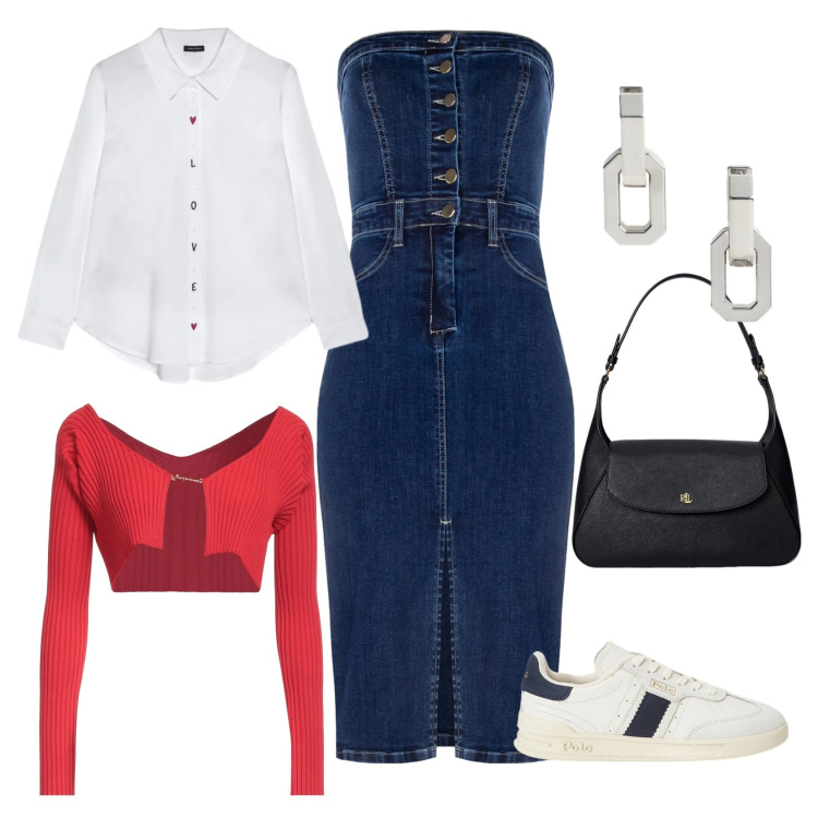 Outfit donna - Total look #2381841. Stile Casual chic per Serata fuori. Abbinamento con pullovers, camicie, vestiti a tubino, sneakers, orecchini, borse a spalla.