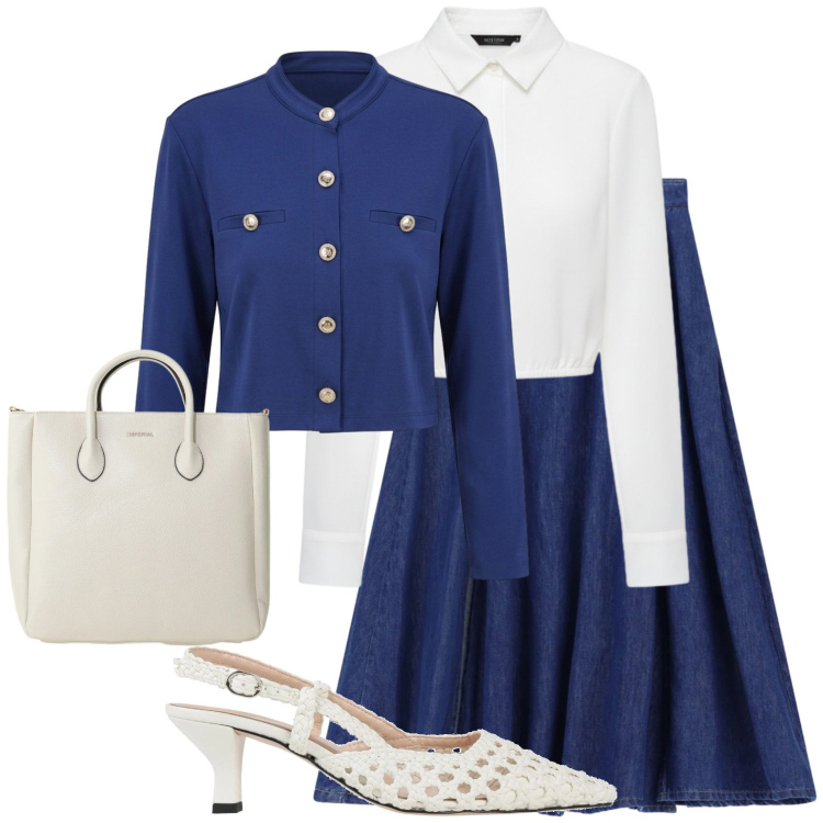Outfit donna - Rigore stile divisa. Stile Bon Ton per Ufficio. Abbinamento con décolleté, borse a tracolla, cardigans, camicie, gonne lunghe.