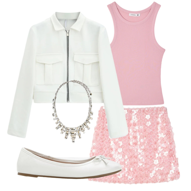 Outfit donna - Princess in ballerine. Stile Glamour per Serata fuori. Abbinamento con ballerine, minigonne, canottiere, cappotti, collane.