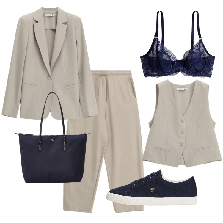 Outfit donna - Armocromia estate soft. Stile Casual per Tutti i giorni. Abbinamento con pantaloni, gilet, blazer, borse tote, reggiseni, sneakers.