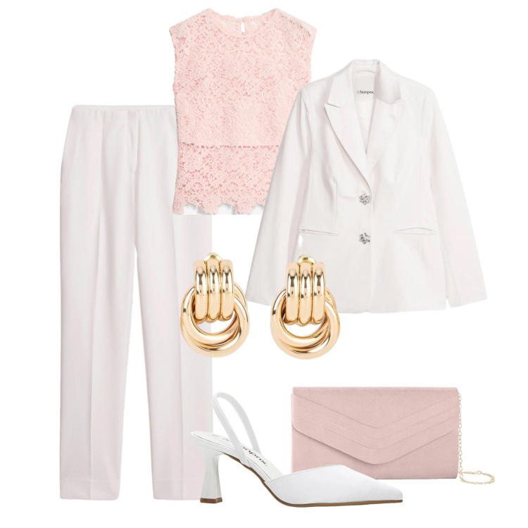 Outfit donna - Cerimonia Bonprix. Stile Chic per Cerimonia. Abbinamento con canottiere, blazer, pantaloni, décolleté, orecchini, pochette.