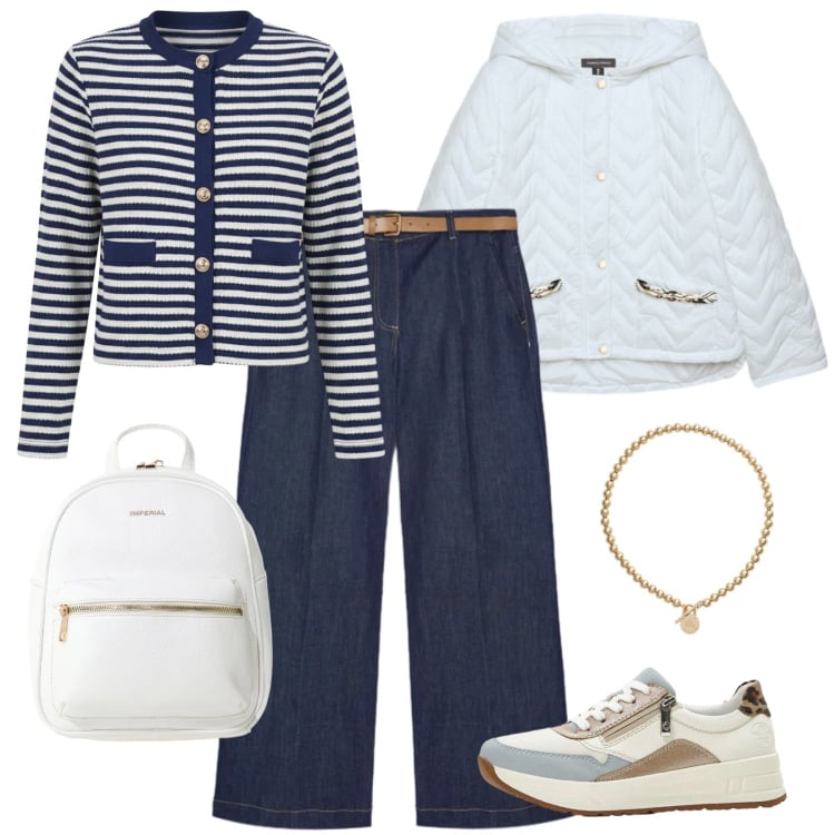 Outfit donna - A righe. Stile Casual per Tutti i giorni. Abbinamento con sneakers, zaini, piumini, jeans, cardigans, collane.