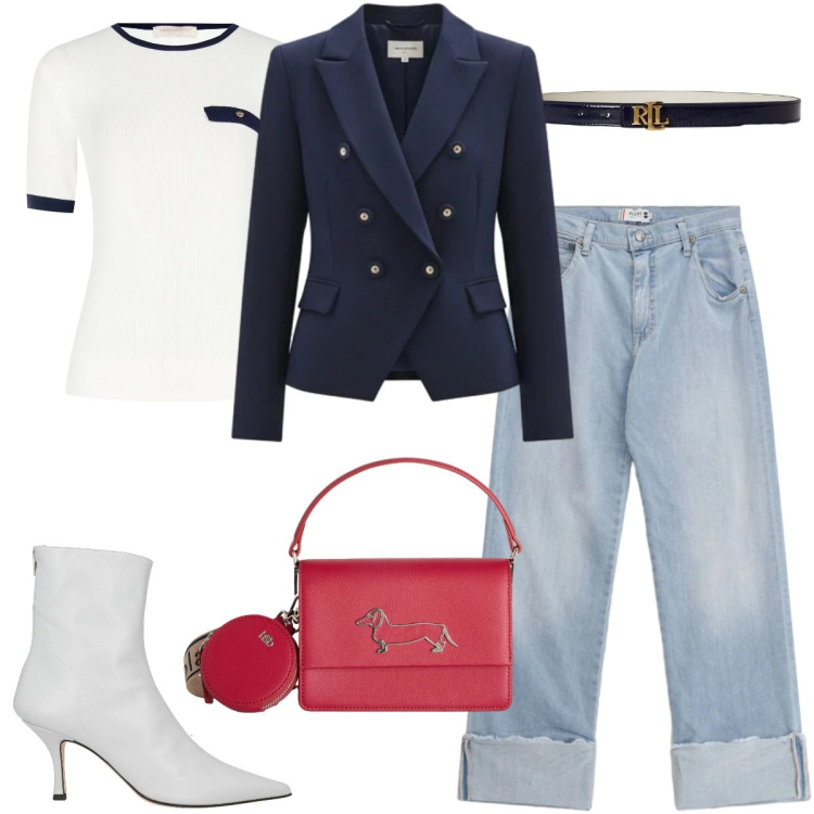 Outfit donna - Giacca stile Napoleone. Stile Casual chic per Tutti i giorni. Abbinamento con stivaletti, blazer, t-shirt, jeans dritti, borse a tracolla, cinture.