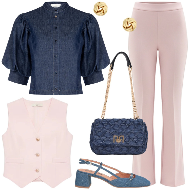 Outfit donna - Completo e denim!. Stile Casual chic per Tutti i giorni. Abbinamento con décolleté, camicie a manica corta, pantaloni, gilet, borse a spalla, orecchini.
