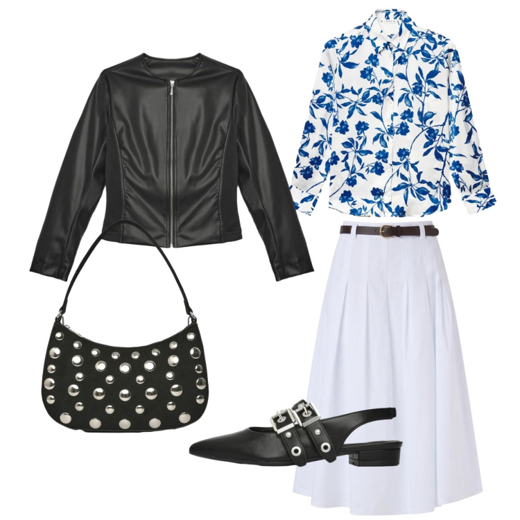 Outfit donna - Domenica di primavera. Stile Casual chic per Serata fuori. Abbinamento con gonne longuette, giacche, camicie, ballerine, borse a tracolla.