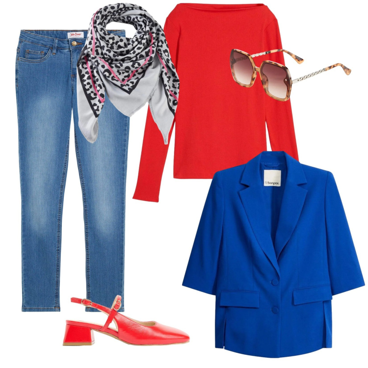 Outfit donna - Spring & colors. Stile Casual per Tutti i giorni. Abbinamento con occhiali da sole, t-shirt, blazer, jeans skinny, décolleté, foulard.