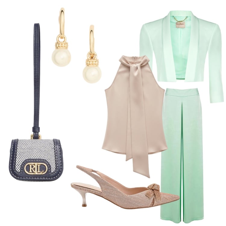 Outfit donna - Verde salvia. Stile Chic per Cerimonia. Abbinamento con décolleté, pantaloni a palazzo, top, bolero, pochette, orecchini.