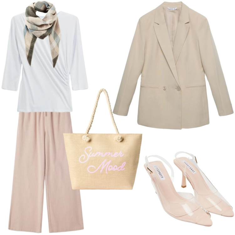 Outfit donna - Total look #2381859. Stile Minimal per Tutti i giorni. Abbinamento con sciarpe, pantaloni, sandali col tacco, borse tote, blazer, top.