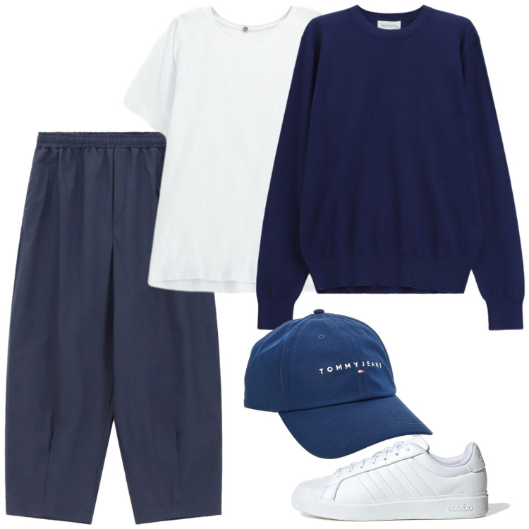 Outfit uomo - Minimalismo. Stile Trendy per Tutti i giorni. Abbinamento con pantaloni, t-shirt, maglieria, cappelli con visiera, sneakers.