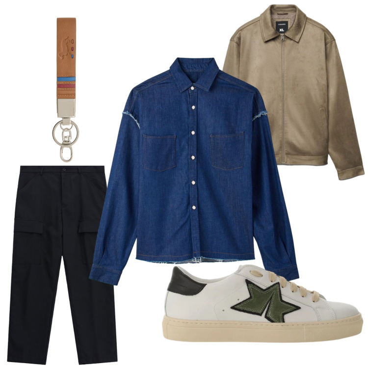 Outfit uomo - Denim. Stile Urban per Tutti i giorni. Abbinamento con giacche, camicie, sneakers, pantaloni cargo, portachiavi.