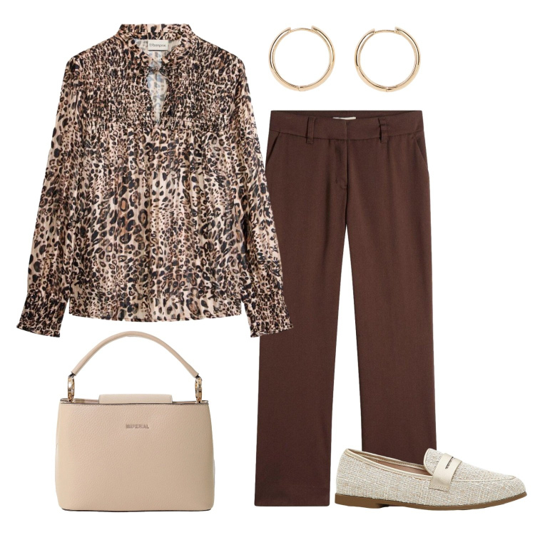 Outfit donna - Leopardato. Stile Casual chic per Ufficio. Abbinamento con pantaloni, bluse, mocassini, orecchini, borse a secchiello.