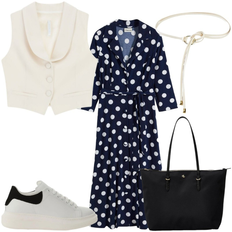 Outfit donna - Il vestito chemisier primaverile- pois. Stile Basic per Tutti i giorni. Abbinamento con vestiti chemisier, cinture, sneakers, gilet, borse tote.