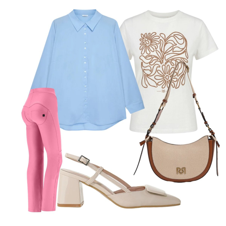 Outfit donna - Fine aprile ufficio. Stile Sporty chic per Ufficio. Abbinamento con camicie, décolleté, t-shirt, borse a tracolla, pantaloni.