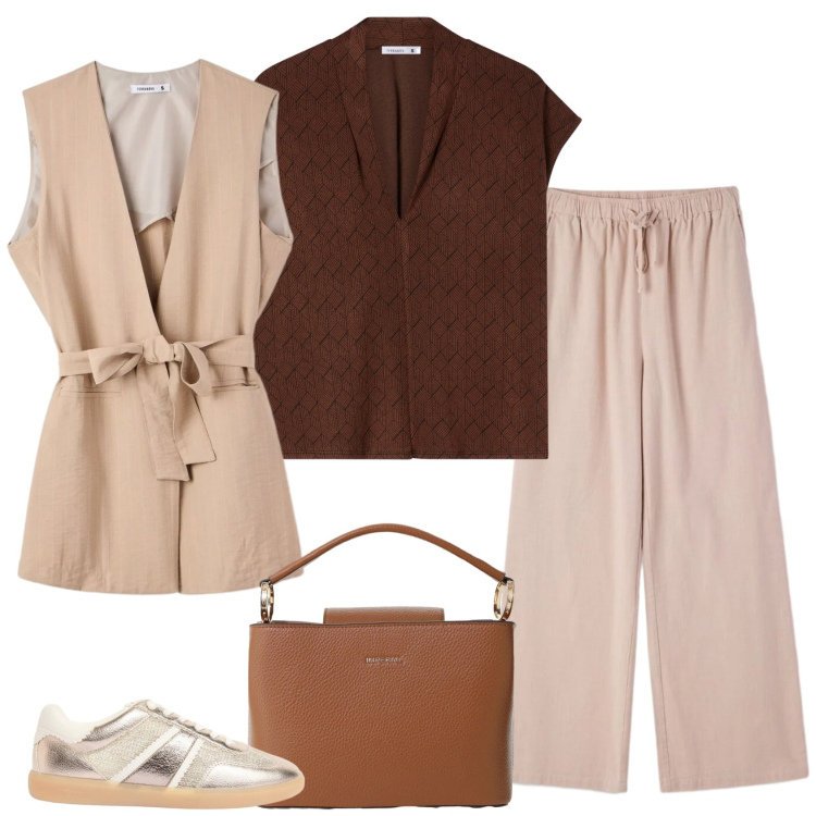 Outfit donna - Effortless. Stile Casual chic per Ufficio. Abbinamento con sneakers, pantaloni, gilet, bluse, borse a secchiello.