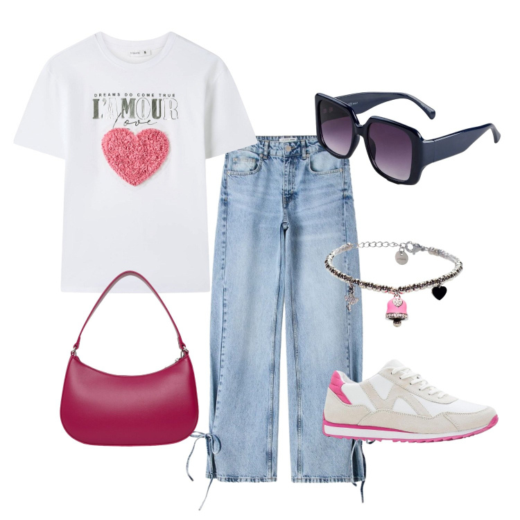 Outfit donna - Primo shopping. Stile Sporty chic per Tutti i giorni. Abbinamento con sneakers, occhiali da sole, t-shirt, borse a tracolla, jeans, braccialetti.