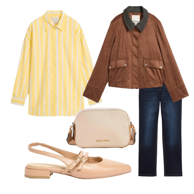 Outfit donna - aprile ufficio bonprix. Stile Casual per Ufficio. look ideale per Petite. Abbinamento con camicie, jeans dritti, borse a tracolla, cappotti, ballerine.