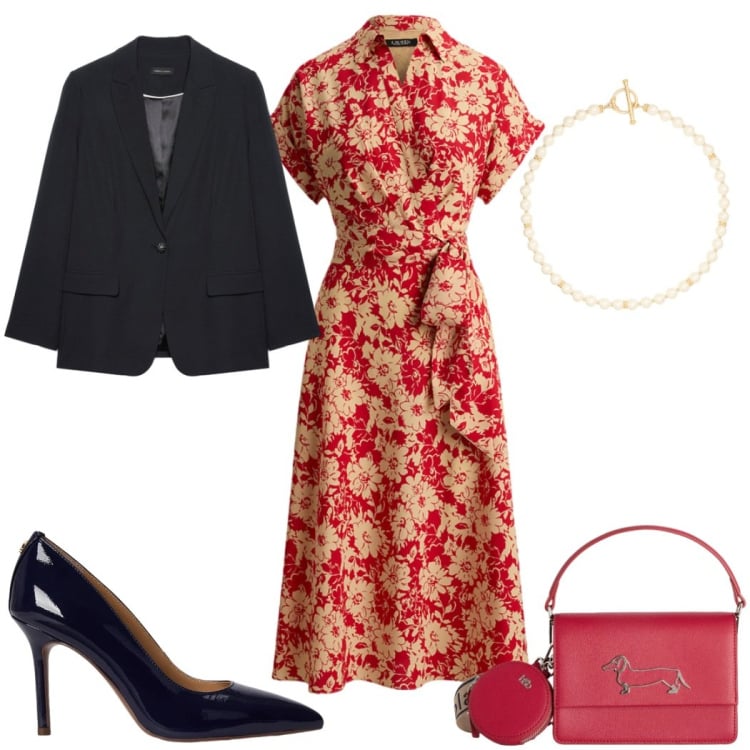 Outfit donna - Il vestito chemisier primaverile- staser. Stile Glamour per Serata fuori. Abbinamento con blazer, borse a tracolla, vestiti chemisier, collane, décolleté.