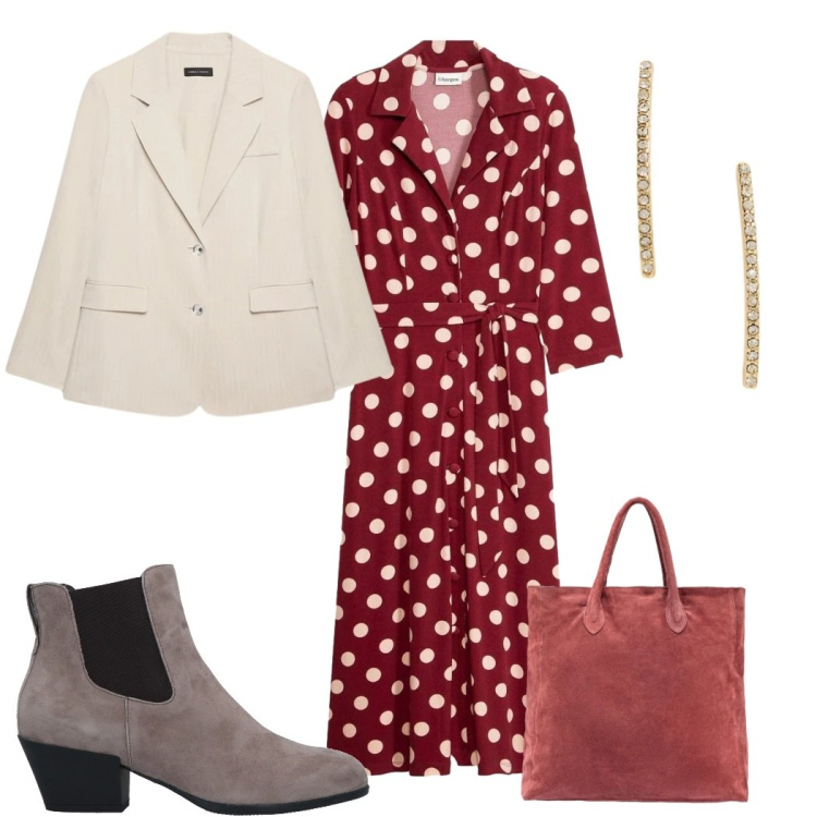 Outfit donna - Il vestito chemisier primaverile- curvy. Stile Trendy per Tutti i giorni. Abbinamento con stivaletti chelsea, vestiti chemisier, blazer, orecchini, borse a mano.