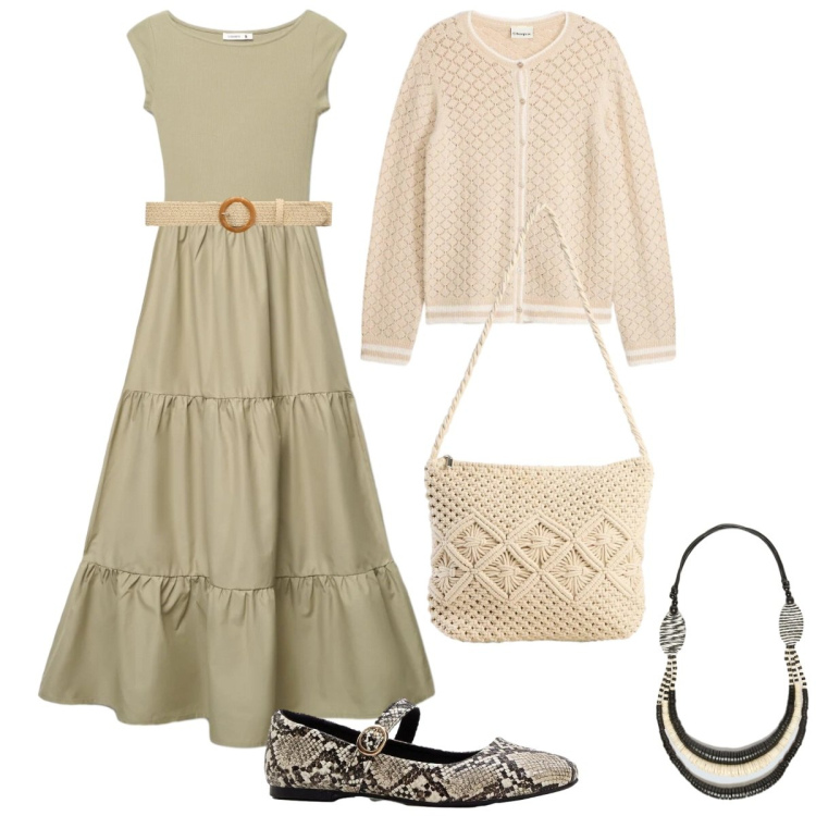 Outfit donna - Total look #2381884. Stile Etnico per Tutti i giorni. Abbinamento con cardigans, ballerine, borse a tracolla, vestiti lunghi, cinture, collane.
