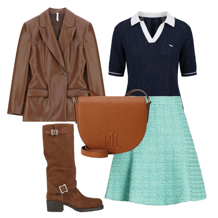 Outfit donna - Fine aprile ufficio. Stile Vintage retrò per Ufficio. Abbinamento con minigonne, stivali, blazer, polo, borse a tracolla.