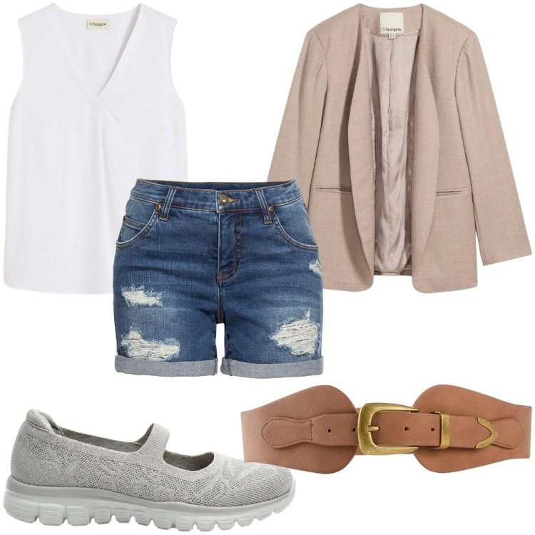 Outfit donna - bonprix - Cool Spring: trendy. Stile Trendy per Tutti i giorni. Abbinamento con shorts, cinture, blazer, ballerine, top.