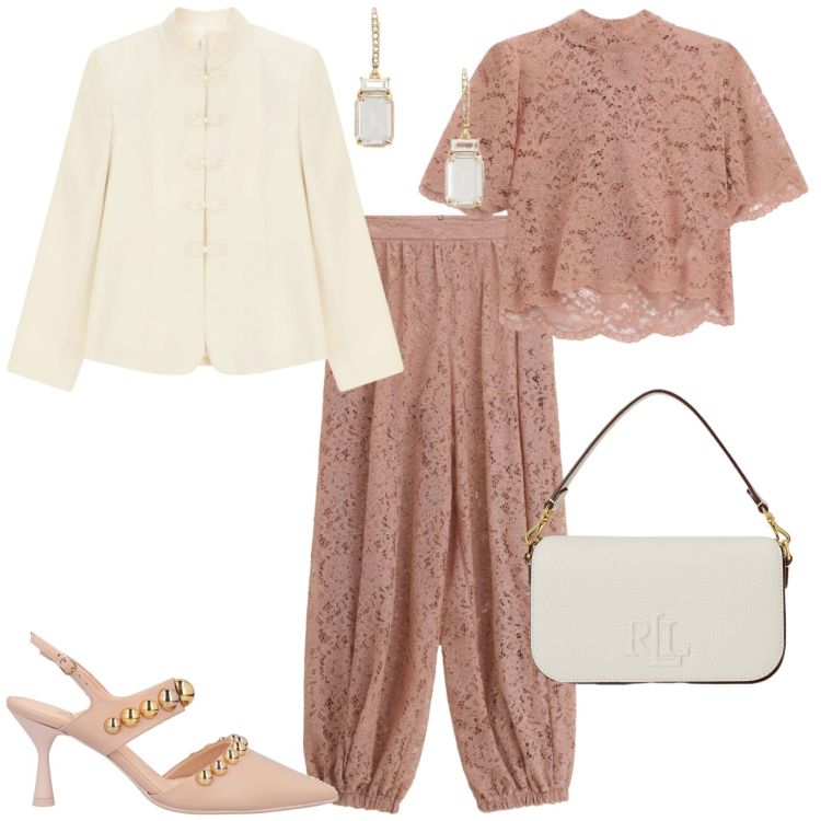 Outfit donna - Bon ton cerimonia evento serata. Stile Bon Ton per Cerimonia. Abbinamento con décolleté, top, pantaloni a palazzo, blazer, orecchini, borse a spalla.