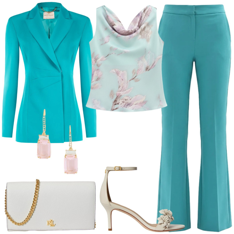 Outfit donna - Tailleur per la comunione!. Stile Chic per Cerimonia. Abbinamento con blazer, top, pantaloni a palazzo, sandali in pelle, orecchini, borse a tracolla.