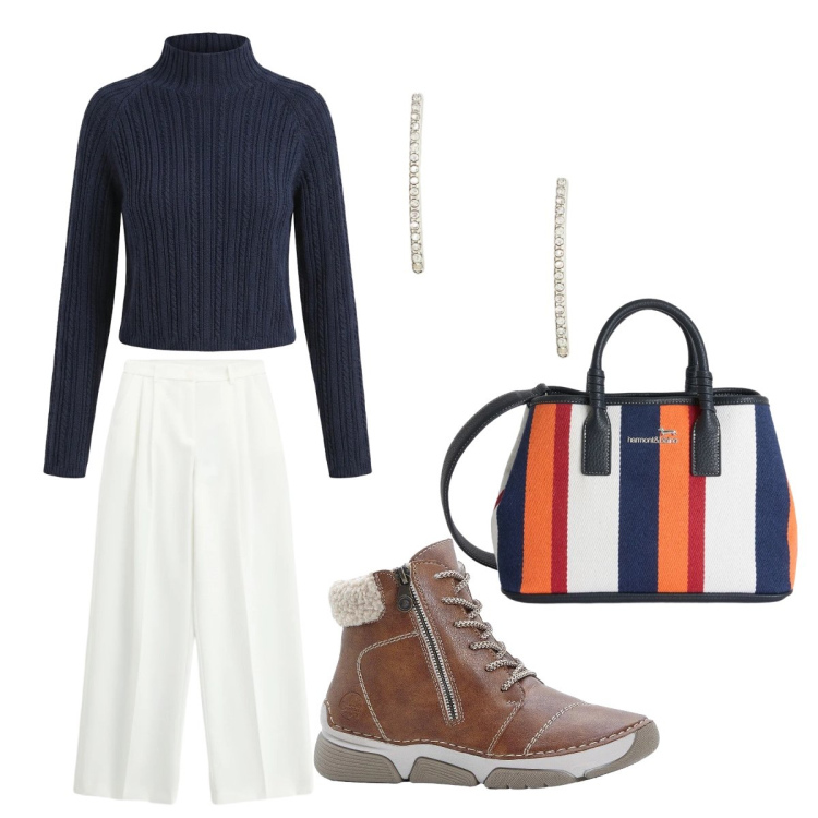 Outfit donna - eleganza e comfort sporty chic. Stile Sporty chic per Tutti i giorni. Abbinamento con stivaletti, pantaloni a palazzo, maglieria, shopping bag, orecchini.