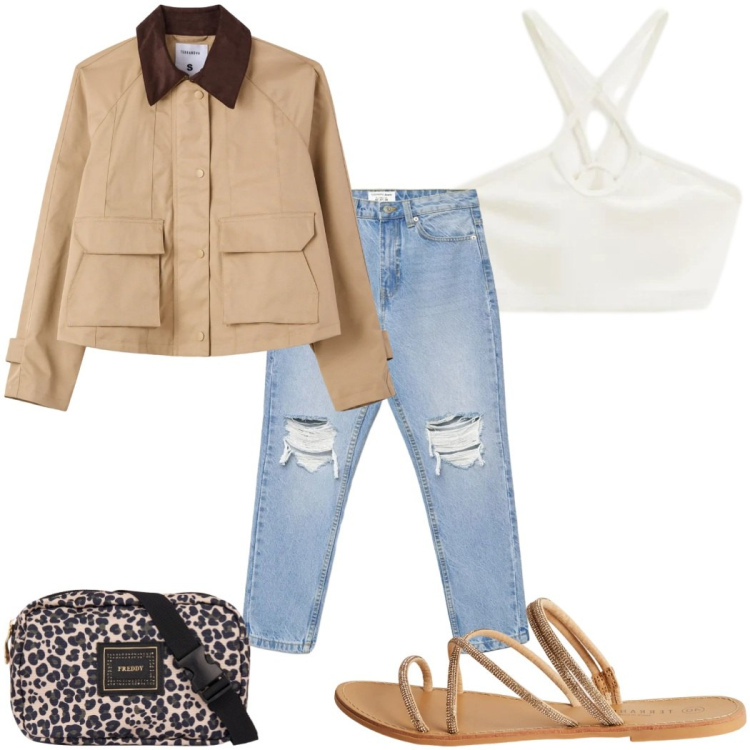 Outfit donna - Total look #2381905. Stile Trendy per Tutti i giorni. Abbinamento con cappotti, sandali, jeans mom, top, marsupi.