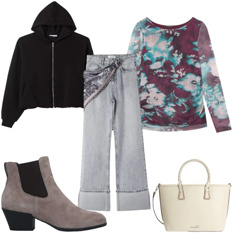 Outfit donna - Total look #2381906. Stile Casual chic per Tutti i giorni. Abbinamento con stivaletti chelsea, jeans, felpe con cappuccio, t-shirt, shopping bag.
