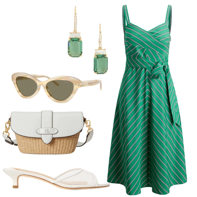 Outfit donna - Dolce vita. Stile Vintage retrò per Mare. Abbinamento con borse a spalla, vestiti, occhiali da sole, orecchini, sabot.