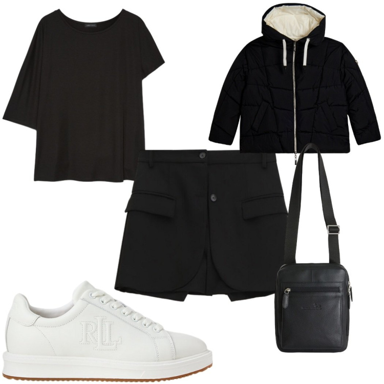 Outfit donna - Total look #2381909. Stile Basic per Tutti i giorni. Abbinamento con shorts, t-shirt, borse sportive, piumini, sneakers.