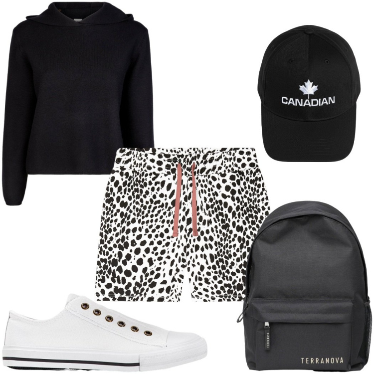 Outfit donna - Total look #2381910. Stile Basic per Sport. Abbinamento con sneakers, zaini, pantaloni corti, berretti, maglieria.