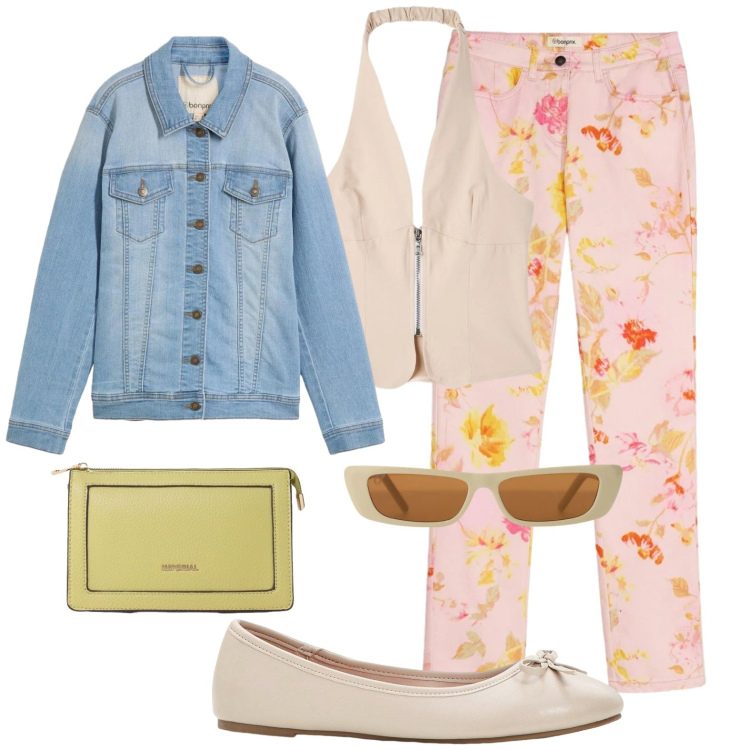 Outfit donna - Jeans a fiori. Stile Romantica per Scuola/Università. Abbinamento con ballerine, cappotti, pantaloni, top, occhiali da sole, borse a tracolla.