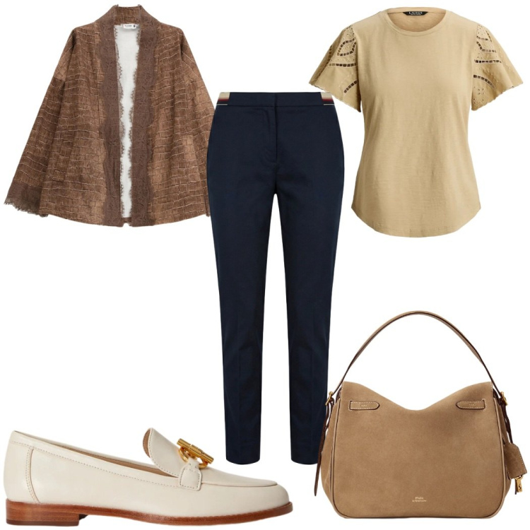 Outfit donna - Total look #2381913. Stile Trendy per Tutti i giorni. Abbinamento con cappotti, pantaloni chino, mocassini, t-shirt, borse a mano.