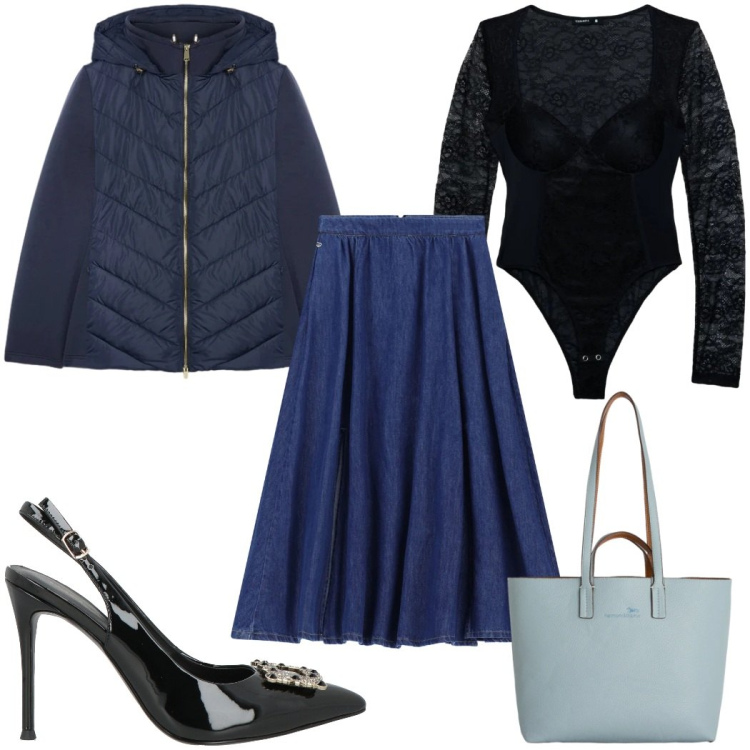 Outfit donna - Total look #2381916. Stile Glamour per Tutti i giorni. Abbinamento con décolleté, body, piumini, gonne lunghe, shopping bag.