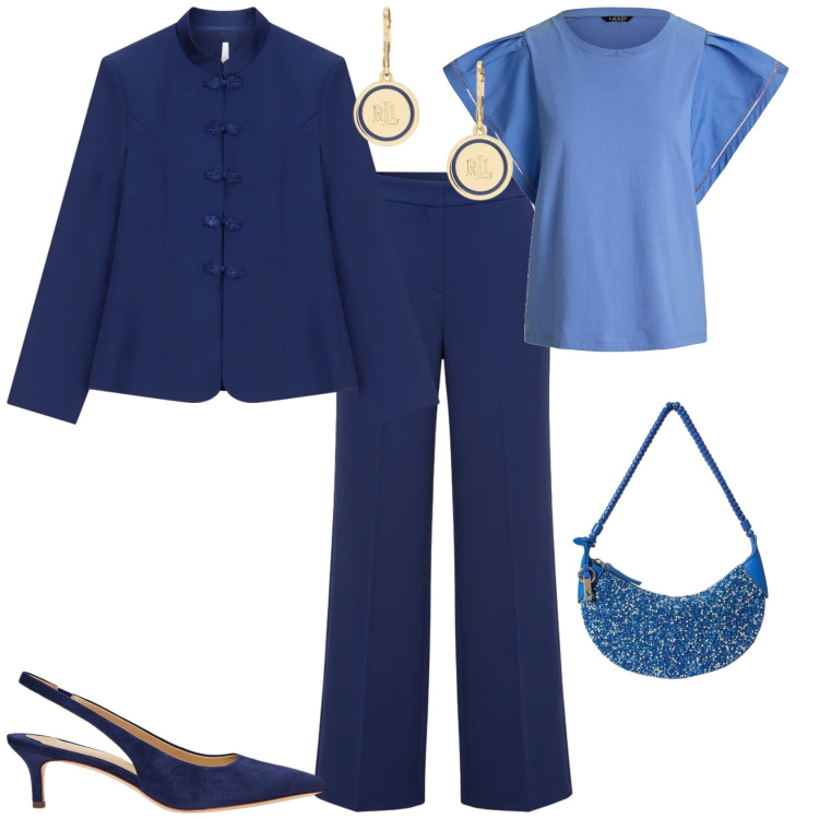 Outfit donna - Chic cerimonia evento serata. Stile Chic per Serata fuori. Abbinamento con top, blazer, pantaloni a palazzo, orecchini, borse a spalla, décolleté.