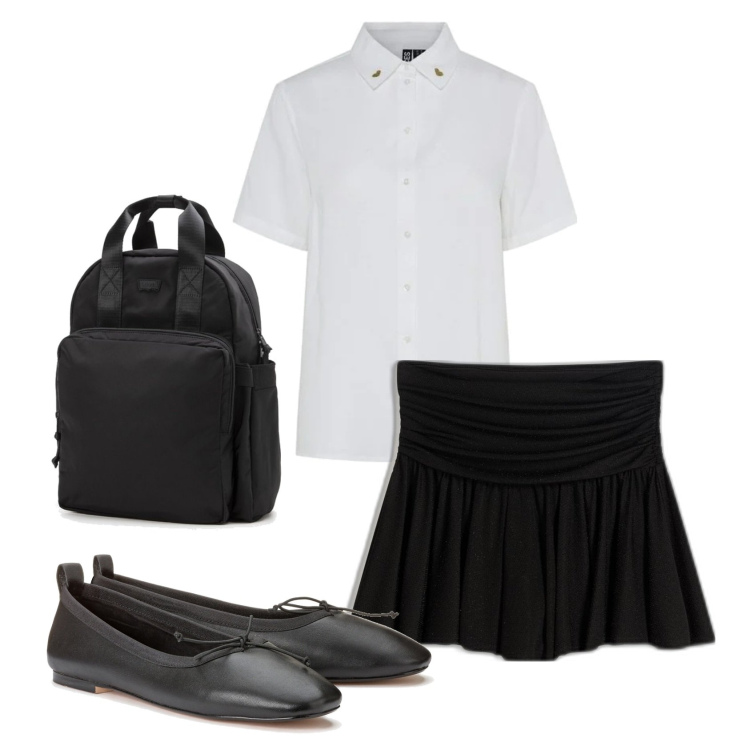 Outfit mujer - Preppy. Estilo Preppy para Escuela/Universidad. Combinación con mochilas, camisas de manga corta, bailarinas, faldas.