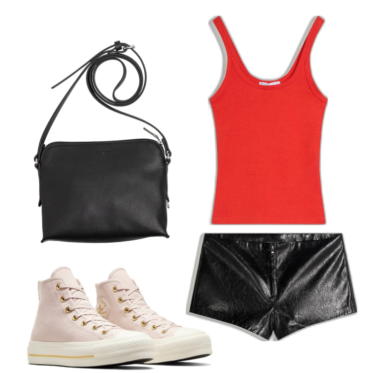 Outfit mujer - Trendy look. Estilo Trendy para Todos los días. Combinación con bolsos saco, sneakers, shorts, camiseta.